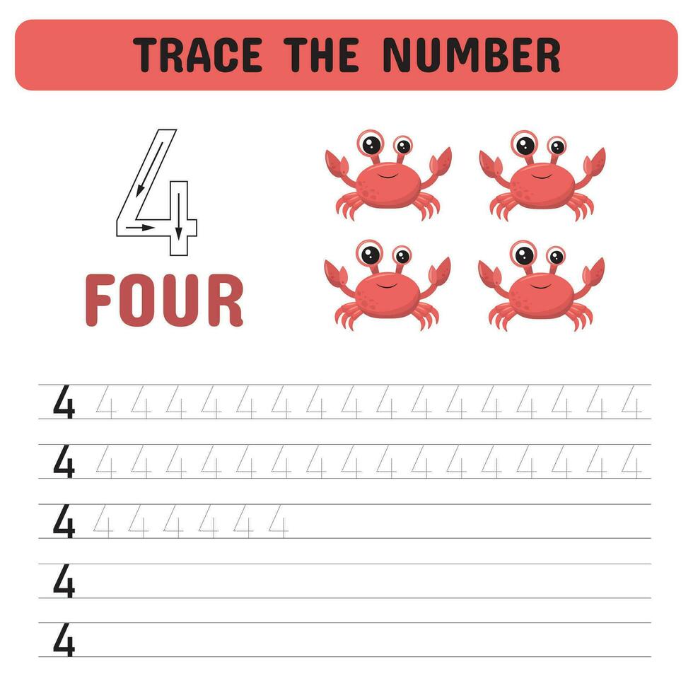 Trace the number . Tracing number 4 worksheet for kindergarten, preschool  for learning numbers and handwriting practice activities. Educational children game, printable worksheet. Vector illustration