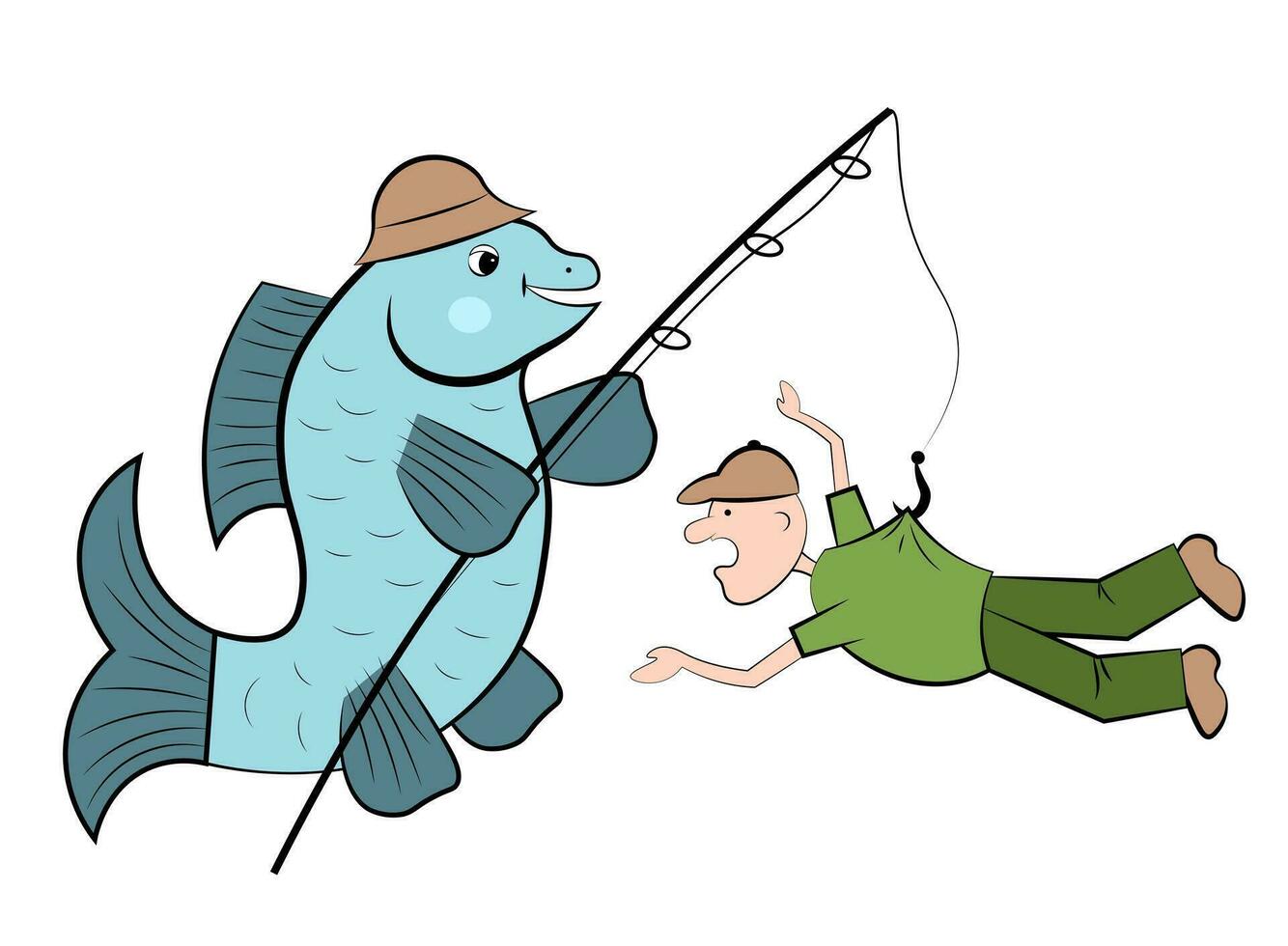 The fish caught the fisherman with a fishing rod vector