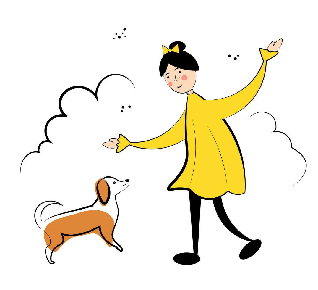 Girl playing with a dog vector