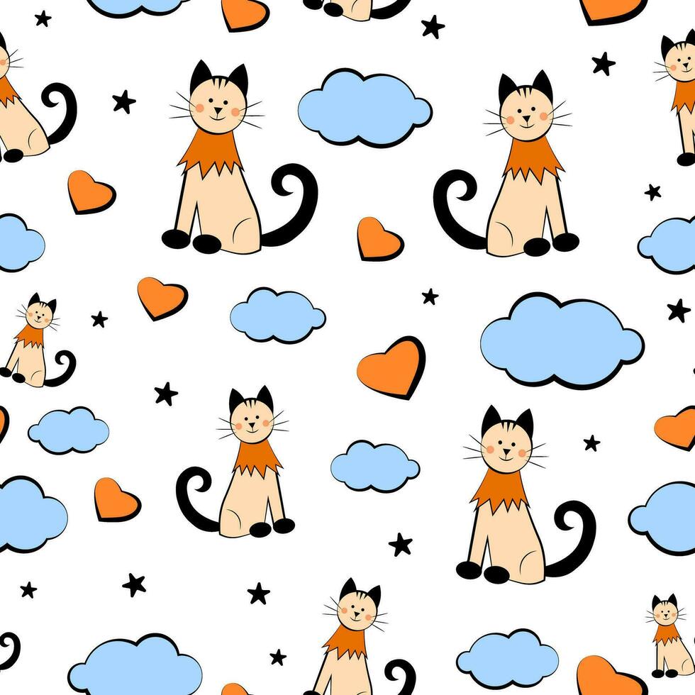 Seamless texture with cats and clouds vector