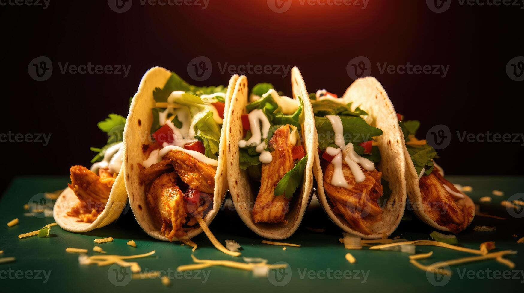 Traditional mexican tacos with meat and vegetables on dark background. photo