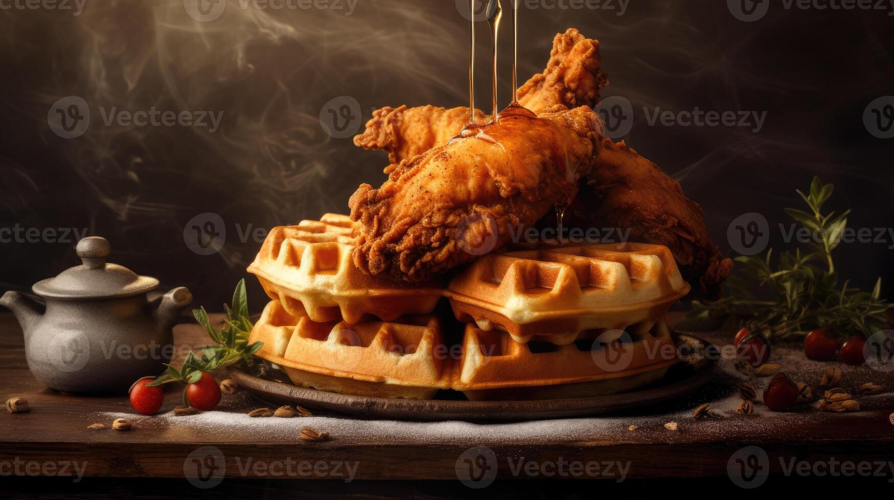 Traditional belgian waffles with butter and honey on a wooden table. AI Generative photo