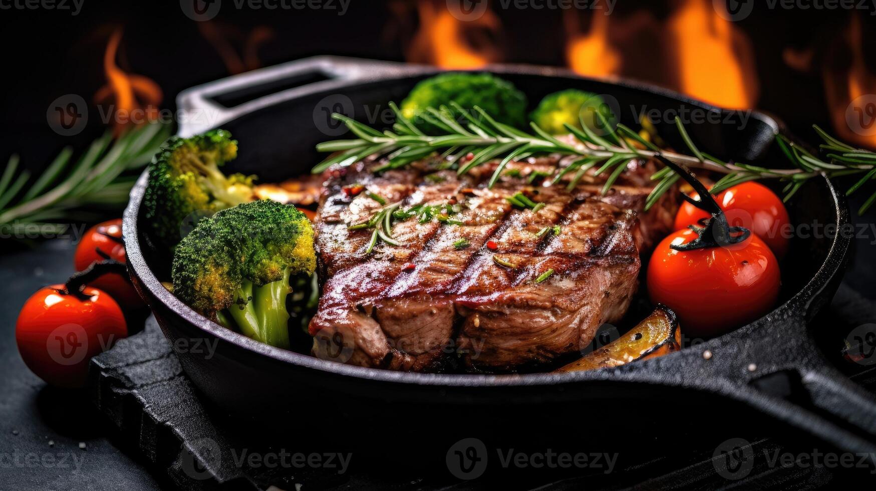 Grilled beef steak with vegetables in a cast iron pan on dark background. photo