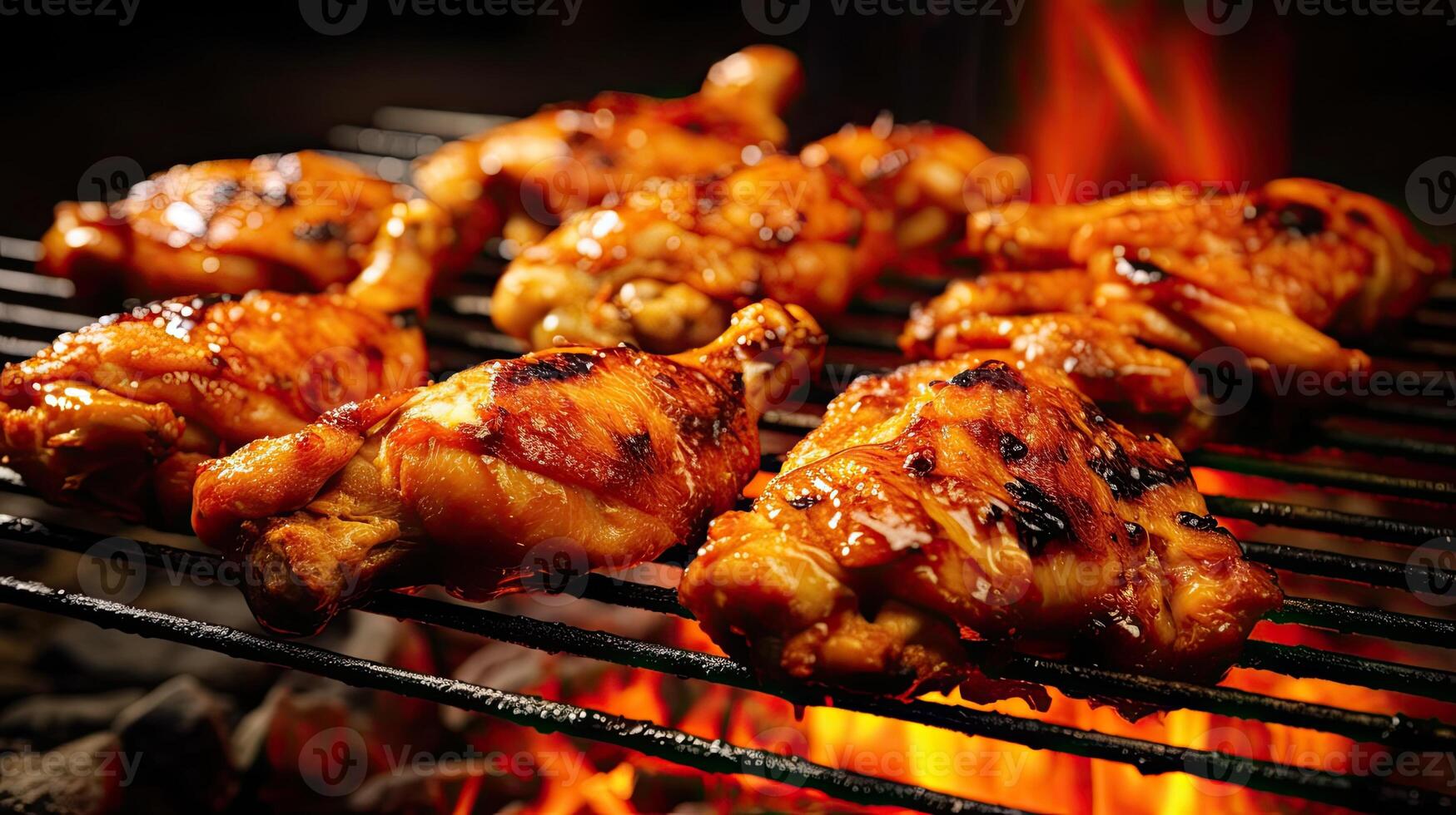 Barbecue with delicious grilled chicken wings on a grill grate, closeup. photo