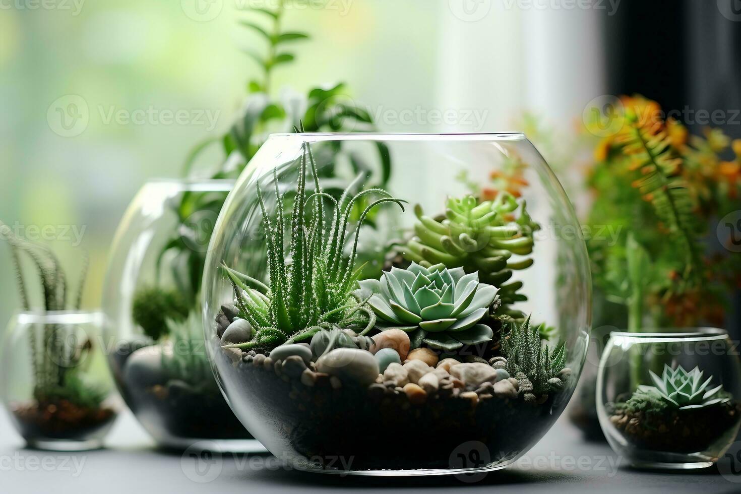 interior design, Mini succulent garden in glass terrarium on windowsill. generative ai. photo