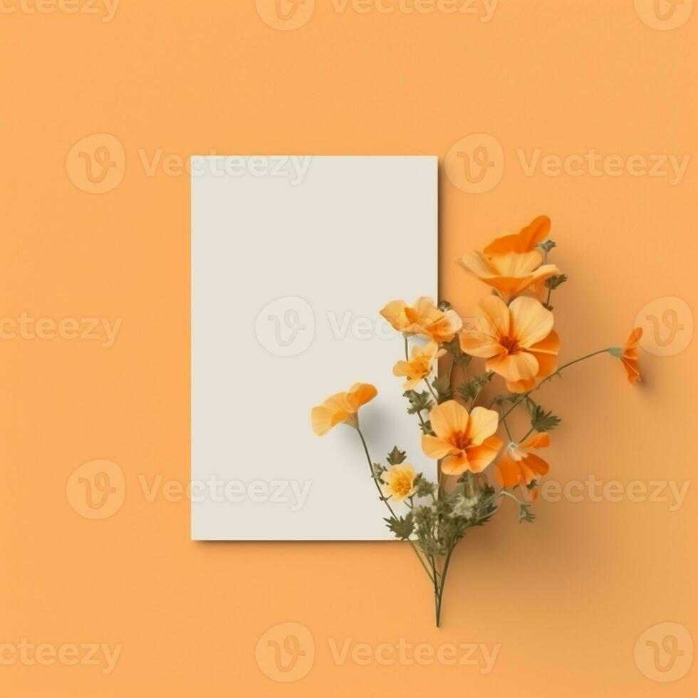 mockup with a white card and flowers in a minimalistic boho style.AI Generative photo