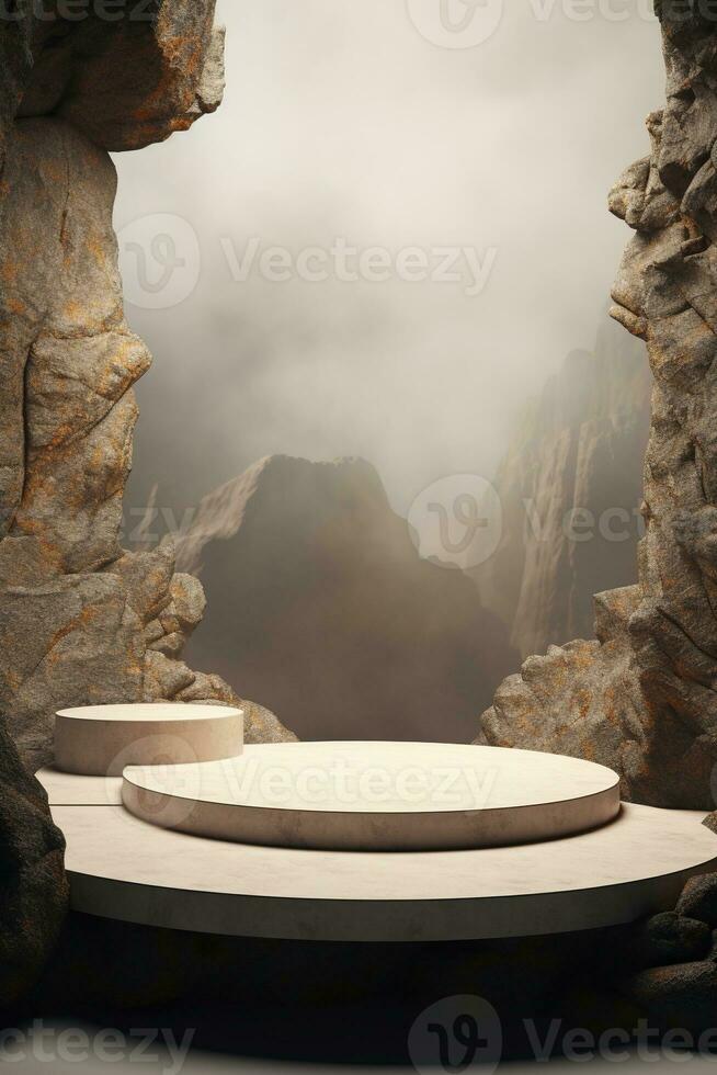 Generative AI, a rock or stone podium nature pedestal stage product display background, empty display showroom photo
