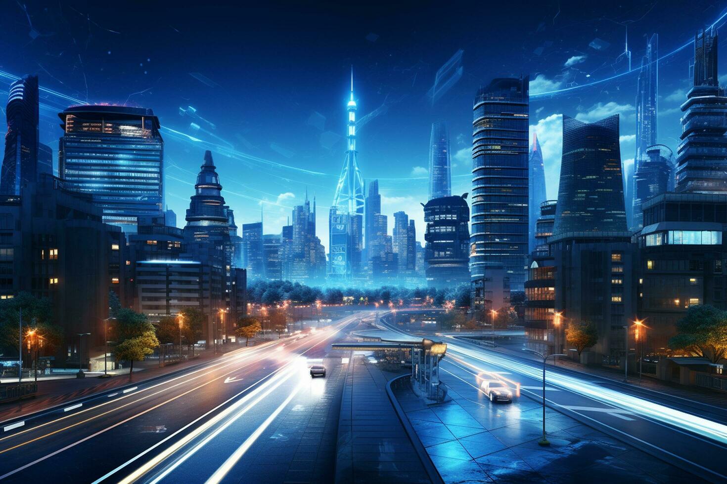 Modern buildings night view with technology network connection Ai Generated Ai Generated photo