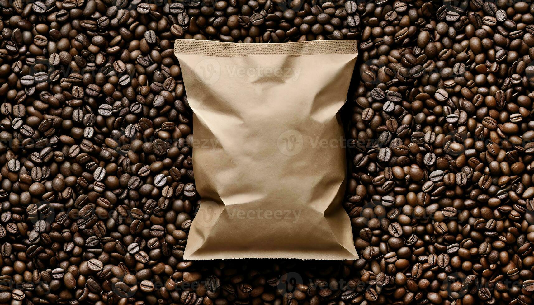 Top view Coffee beans with blank paper bag for background, dark roasted, cafe business concept, wallpaper, backdrop, coffee industrial, world coffee day, generative Ai photo