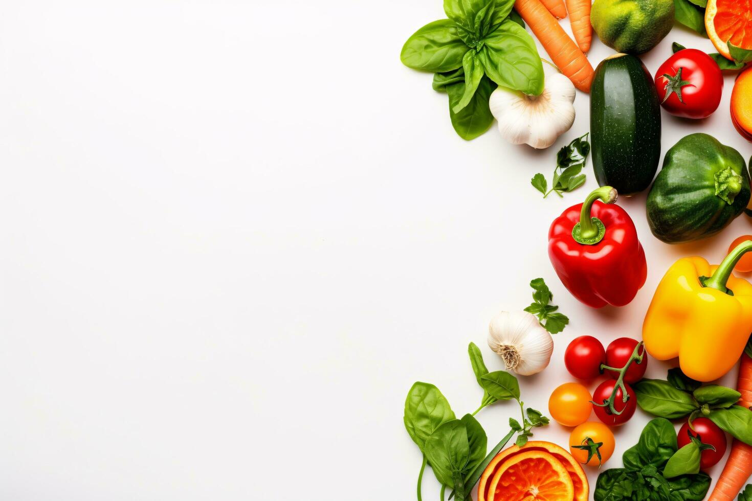 flat lay vegetables on white background food and diet concept. ai generated photo