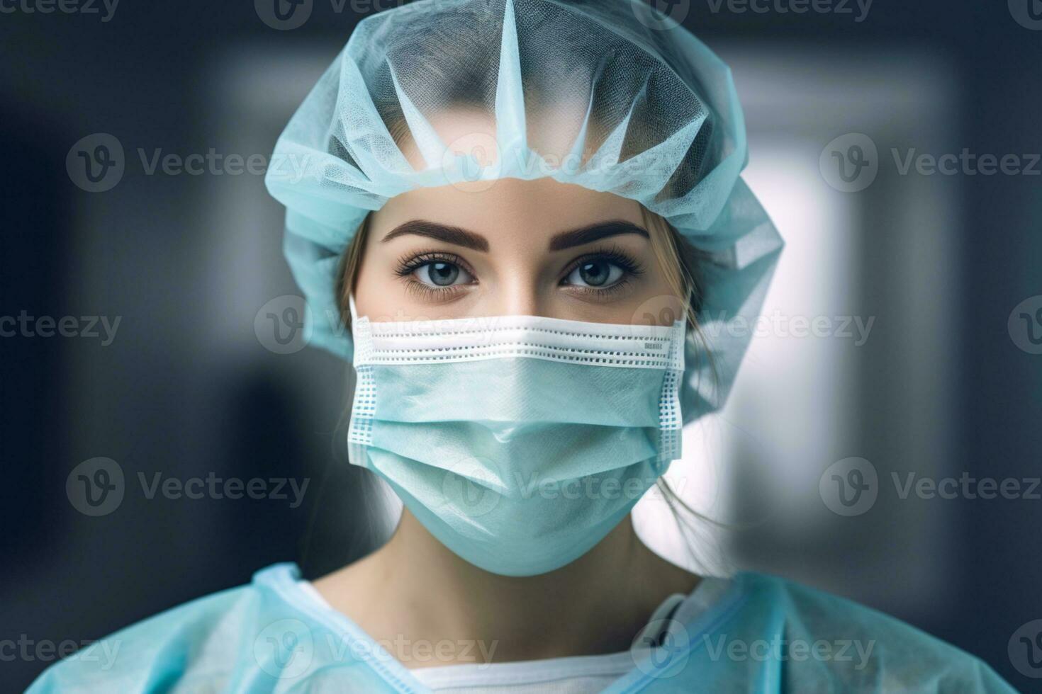 Portrait of women doctor working in modern hospital wearing mask and cap ai generative photo