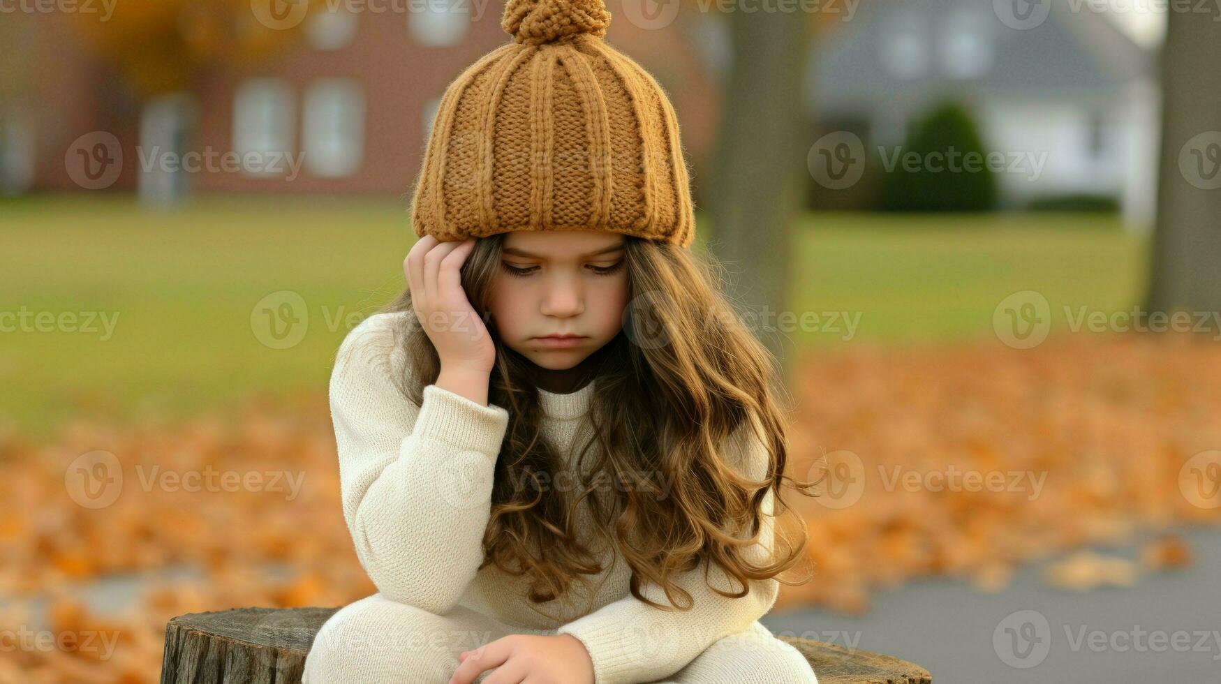 A thoughtful little girl wearing a knitted hat.. Generative AI photo