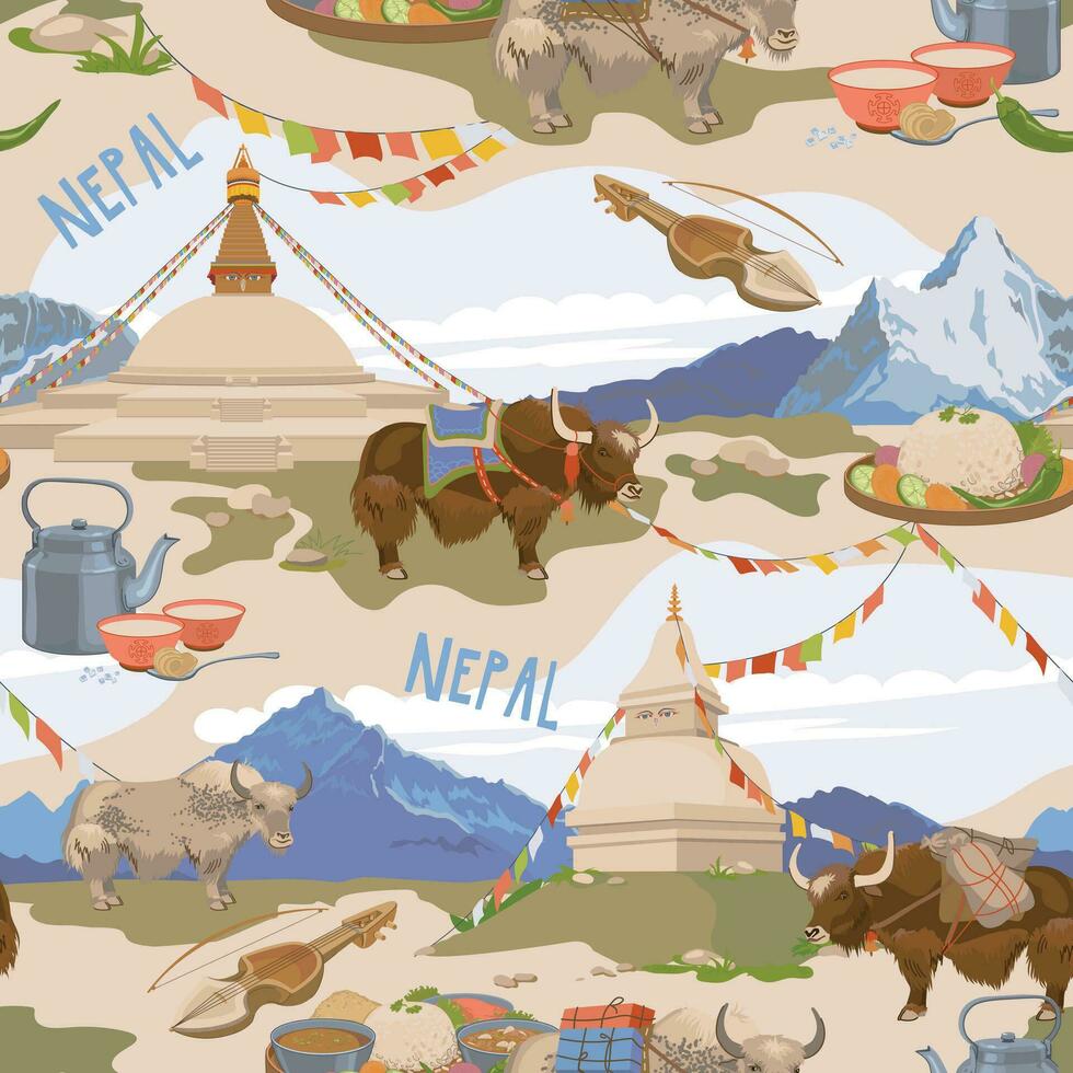 Attributes of Nepalese culture. Seamless pattern. Vector, flat style. Mountains, Buddhist stupa, tea with butter and salt, karangi, vegetarian Nepalese Thali set Dal Bhat, yak. vector