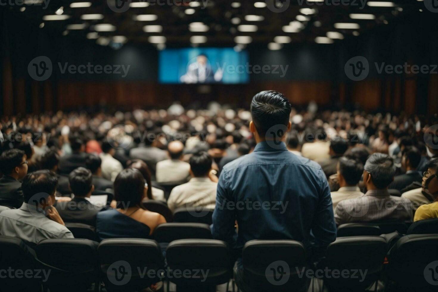 Business and entrepreneurship symposium. Speaker giving a talk at business meeting. Audience in conference hall.AI Generative photo