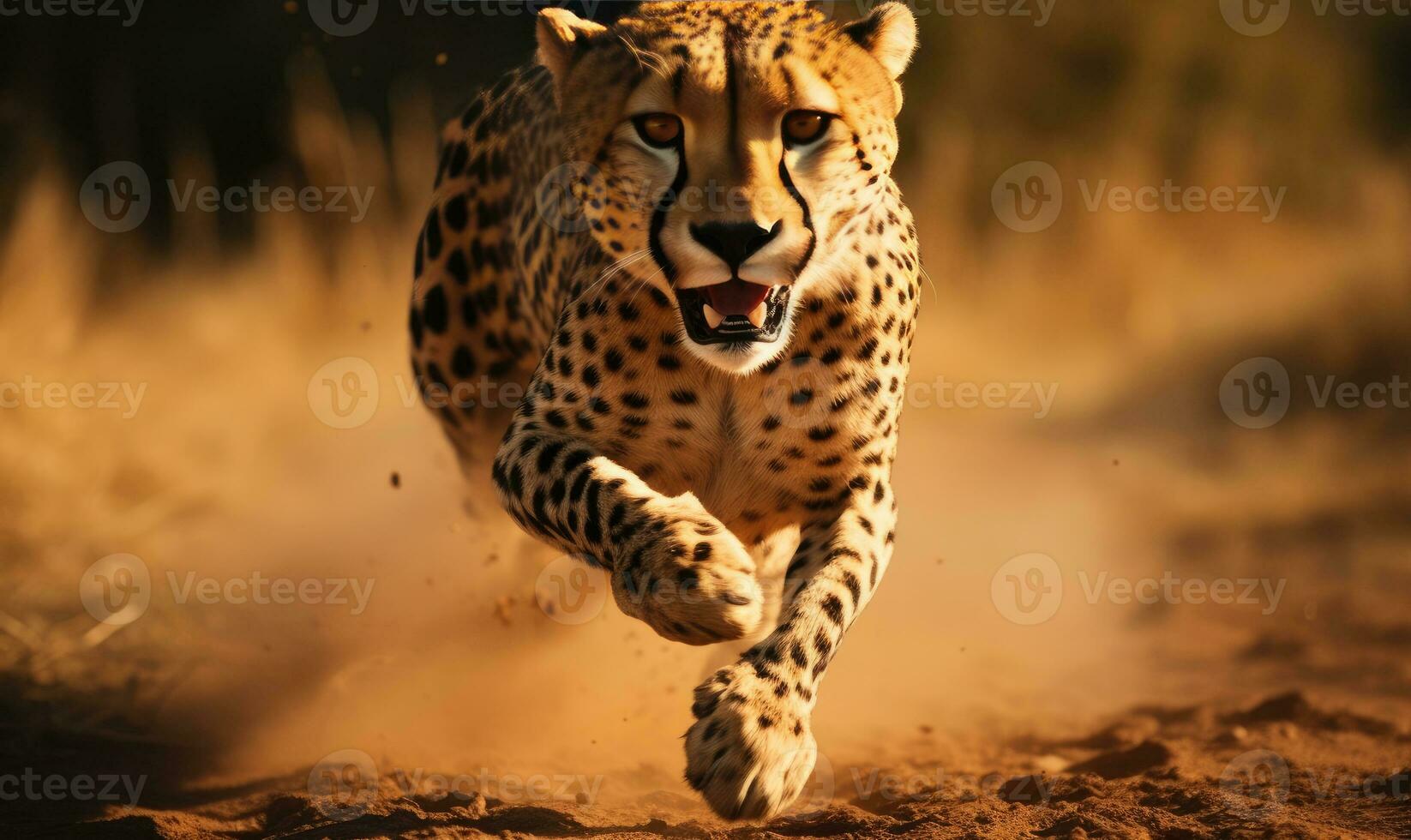 Majestic cheetah sprints across a dusty desert road. AI generative. photo
