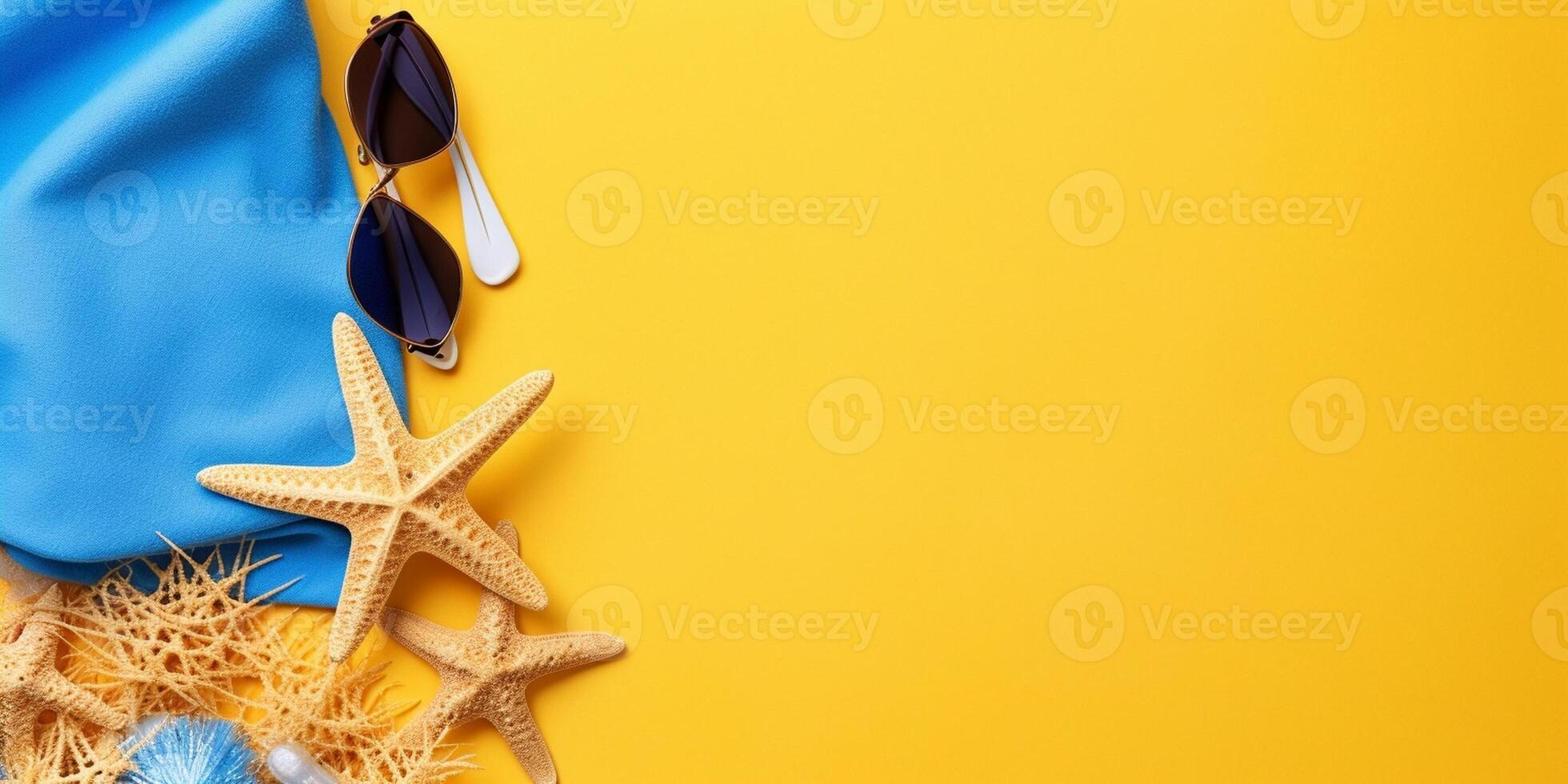 Summer holiday conceptTop view of beach bag with flip flops,beach towel,sunglasses,sunscreen and starfish with space for text over yellow and blue background, Generative AI photo