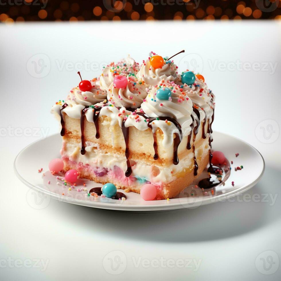 Slice of birthday cake on a plateGenerated by Artificial Intelligence photo
