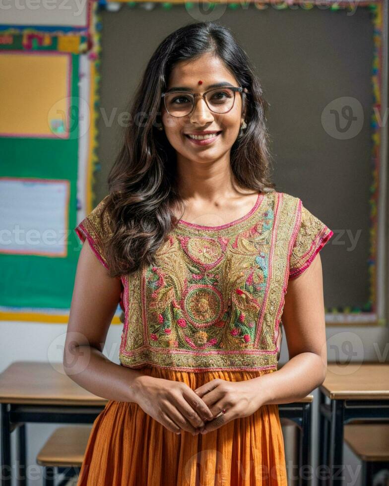 ai generado joven indio preescolar mujer profesor con bindi y vistiendo churidar a salón de clases foto