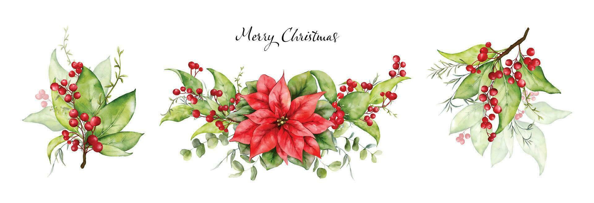 Christmas watercolor set of bouquet arrangings with berries and leaves vector