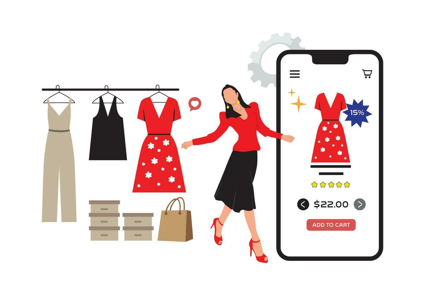 en línea compras concepto. mujer elegir ropa en teléfono inteligente pantalla. vector ilustración