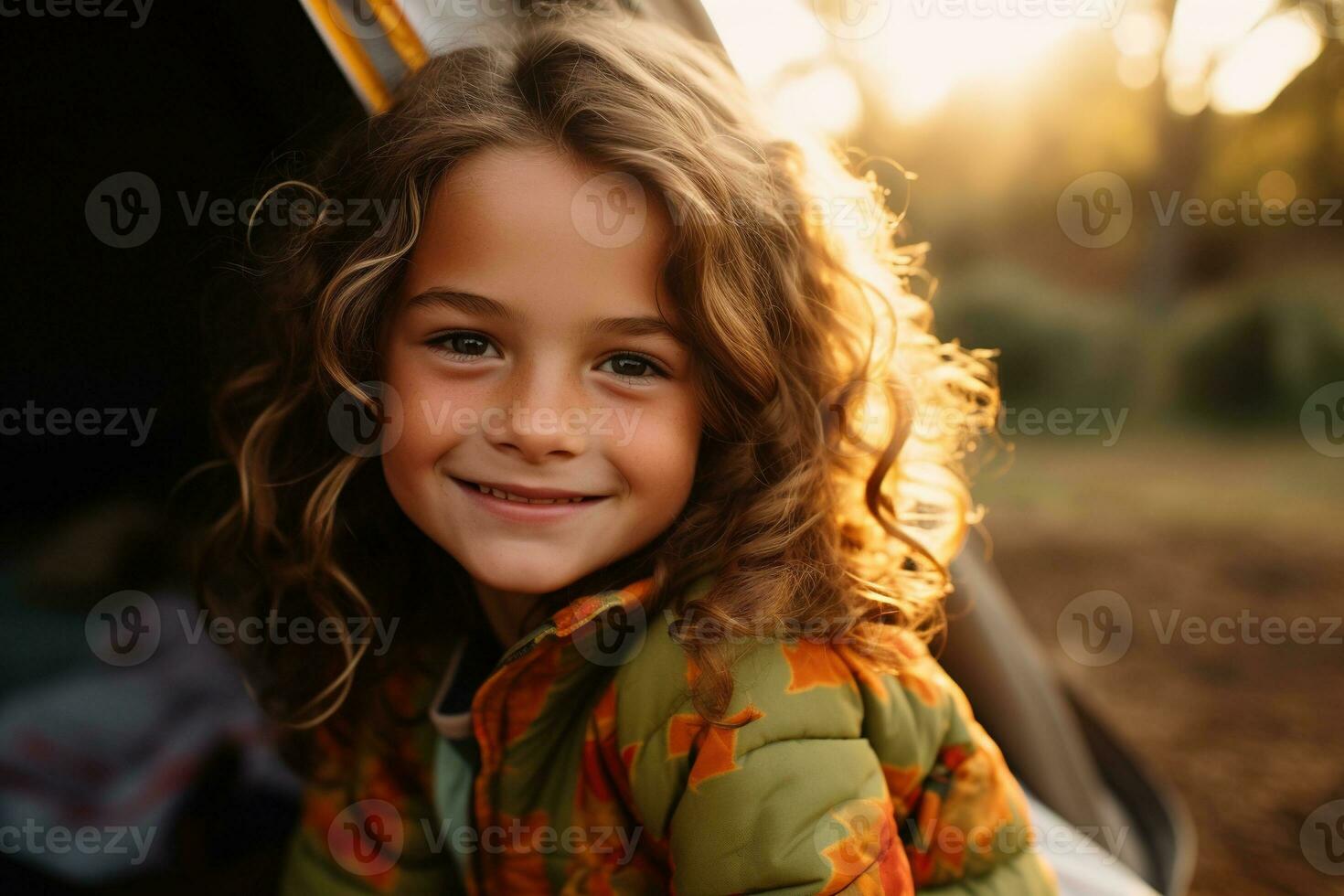 Portrait of cute little girl at camera while standing near camping tent at sunset AI generated photo