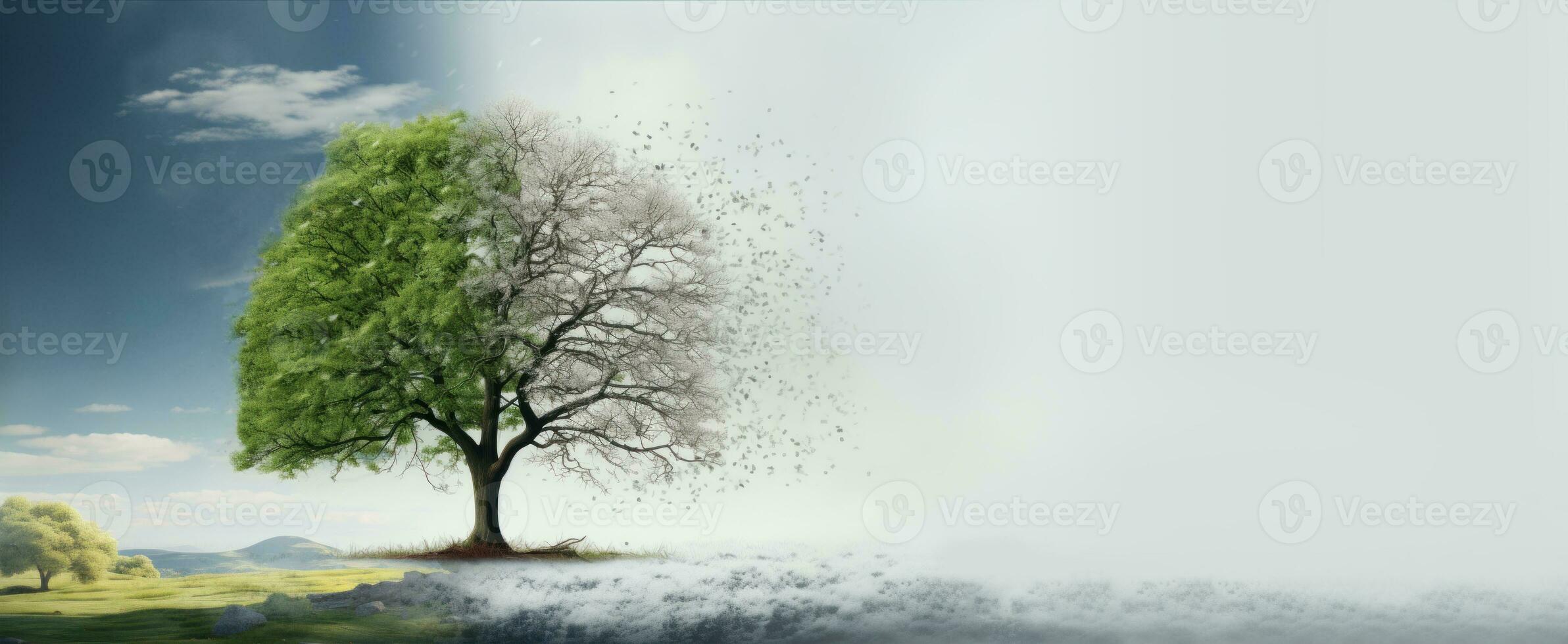 Tree with lush green leaves on one side, and bare branches on the other side with flying snowflakes. Symbol of transition from one season to another. Concept of changing to winter time. AI Generated photo