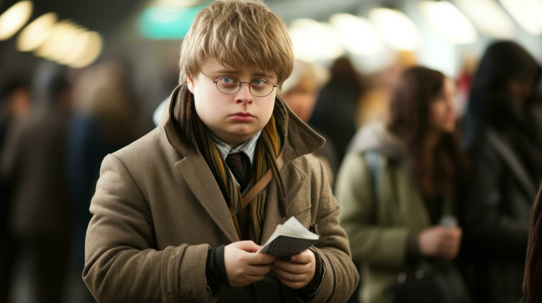 Portrait of syndrome down boy in coat and eyeglasses on subway station. photo