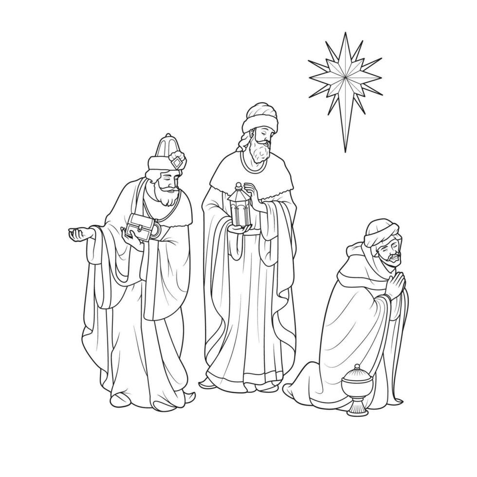 Three Magi Kings, Gaspar, Melchior, Baltazar and Star in Christmas Nativity Scene Vector Illustration Monochrome Outline