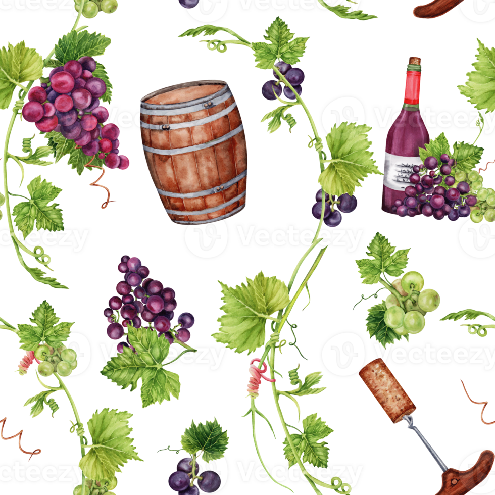 Seamless pattern with grapes, green leaves, grape vines, barrel, red wine bottle, wine corks and screw. Hand drawn watercolor illustration. png