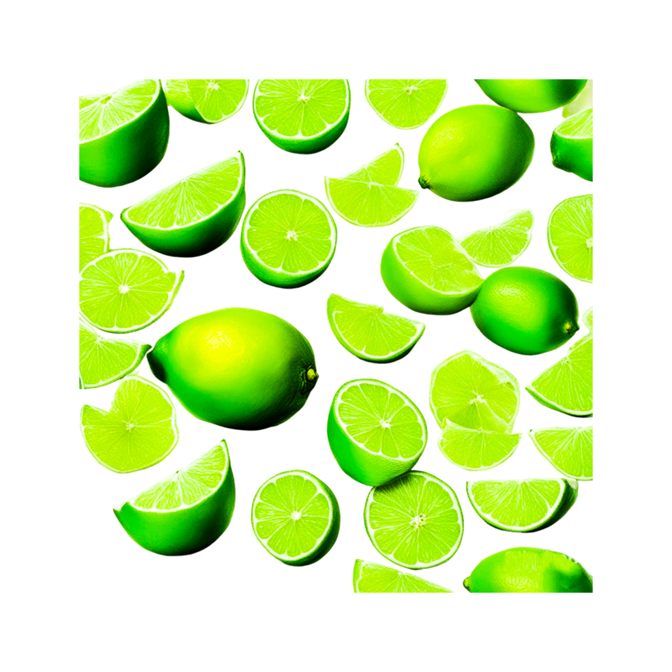 Flying fresh limes and lime slices background seamless pattern Generative Ai png