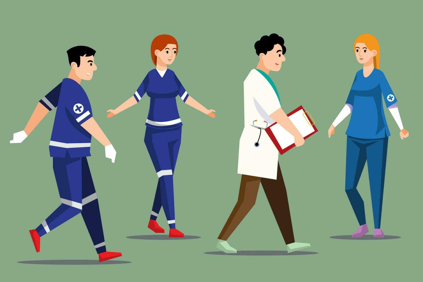 People of different professions. Set of doctors and nurse characters. Emergency or medical practitioners. Hero in white coat, woman or man. Vector illustration.