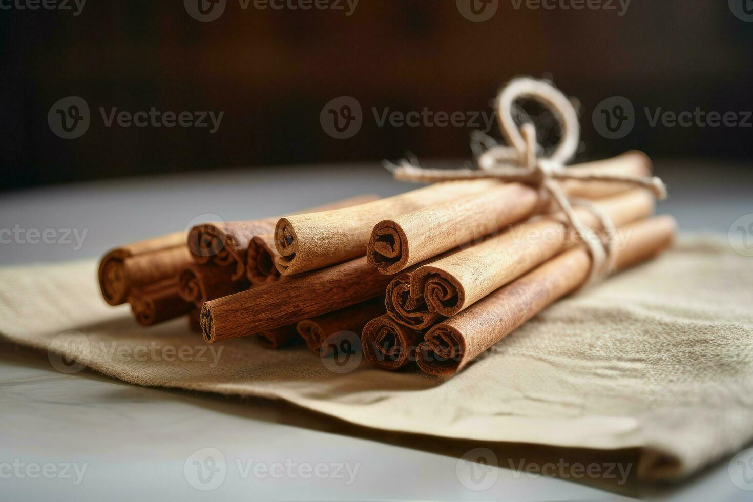 Cinnamon sticks handmade on textile sack. Generate Ai photo