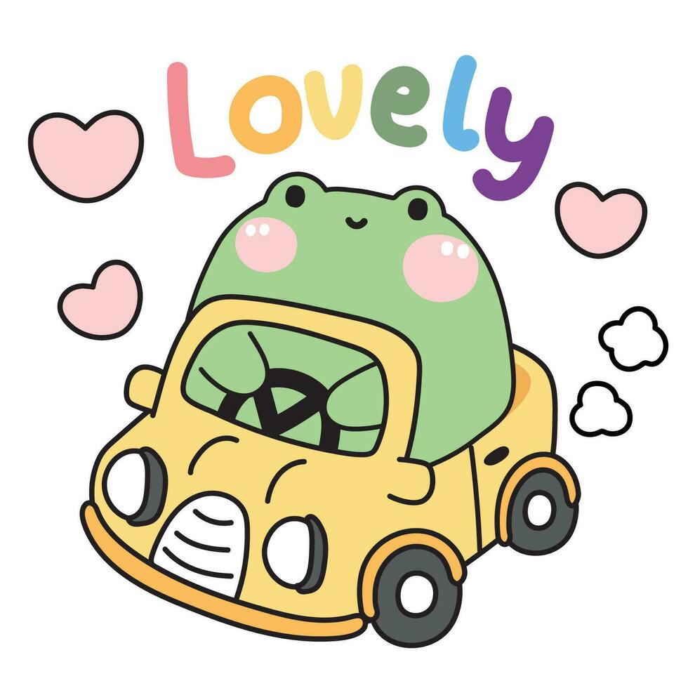 Cute fat frog drive yellow car with heart on white background.Chubby reptile vector