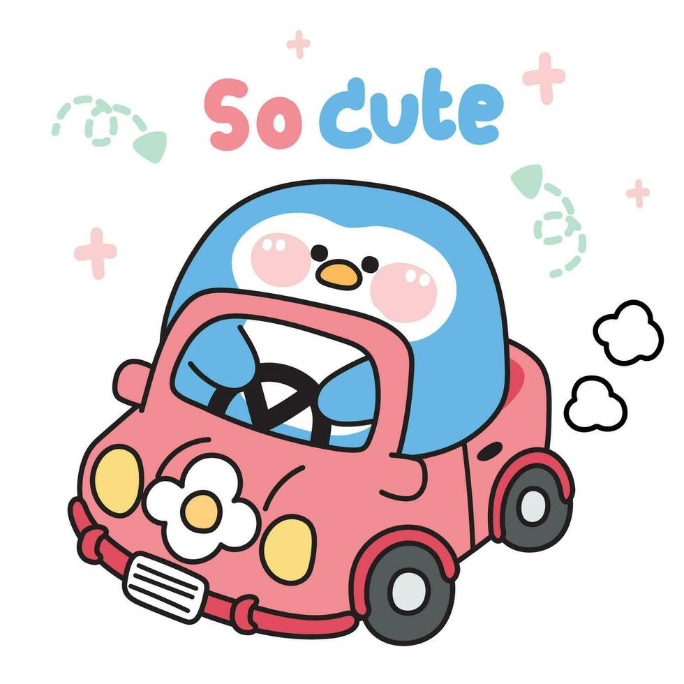 Cute fat penguin drive pink car decorated with flower on white background.Chubby vector