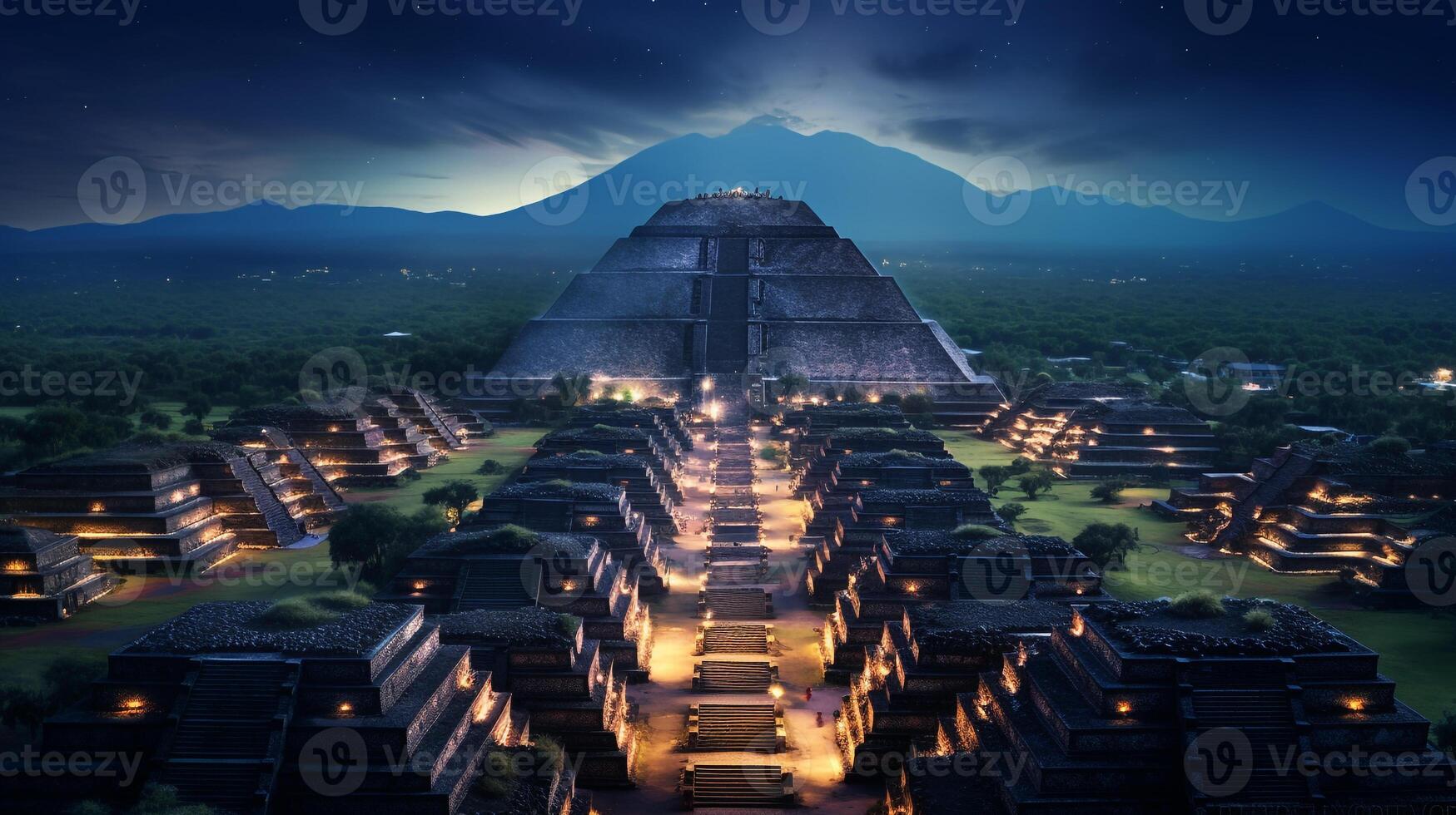 Night view of Teotihuacan. Generative AI photo