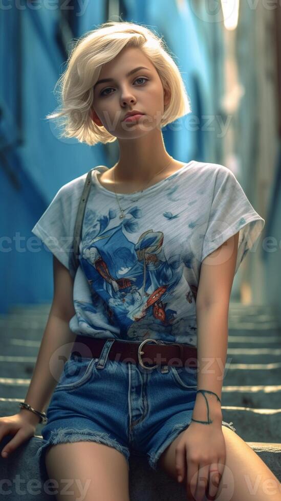 Portrait of a dreamy blond girl with short hair bright pink lips and blue eyes wearing blue denim shirtgrey tulle skirt and marsala backpack leaning on blue and white stripes fence, Generative AI photo