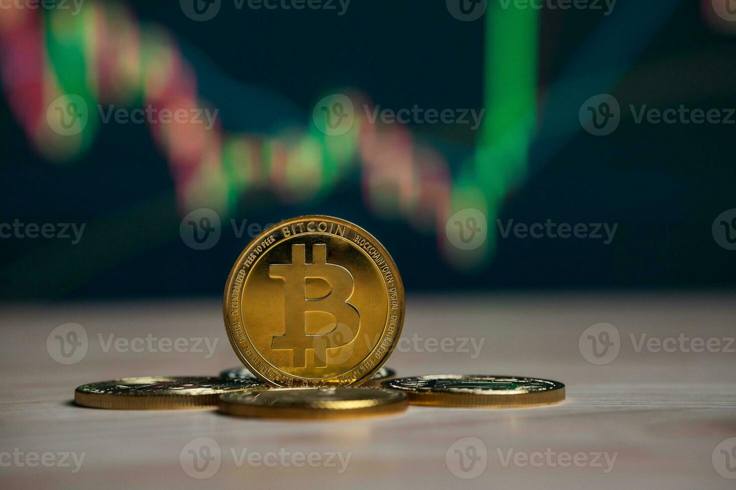Bitcoin gold coin and defocused chart background, cryptocurrency bitcoin halving concept. The economic growth and basic financial investment business , Money, Technology and cryptocurrency. photo