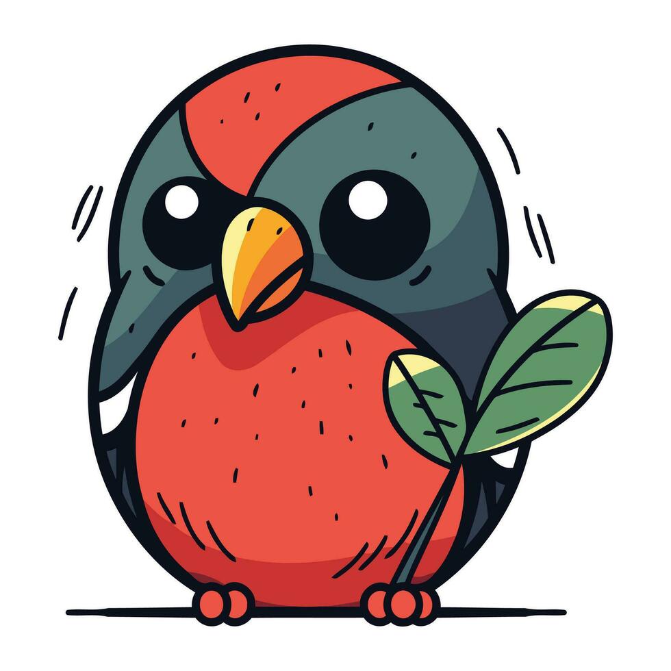 Cute little bullfinch with a leaf. Vector illustration.