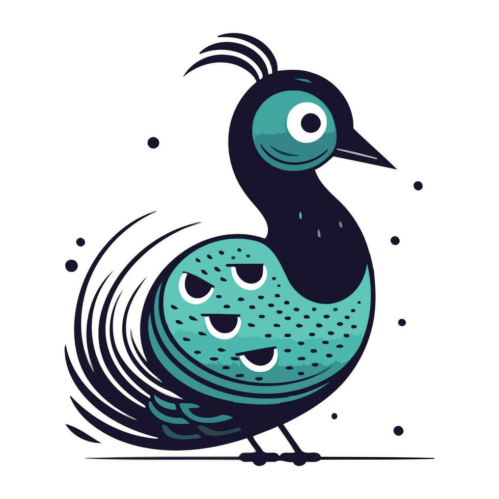 Vector illustration of a peacock in cartoon style on a white background.