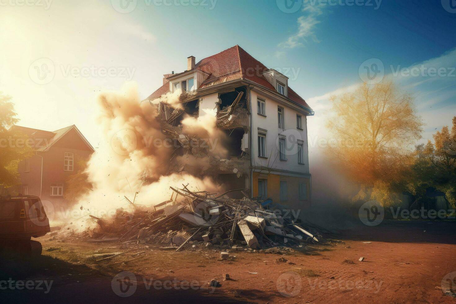 Old abandoned house demolition explosion. Generate Ai photo