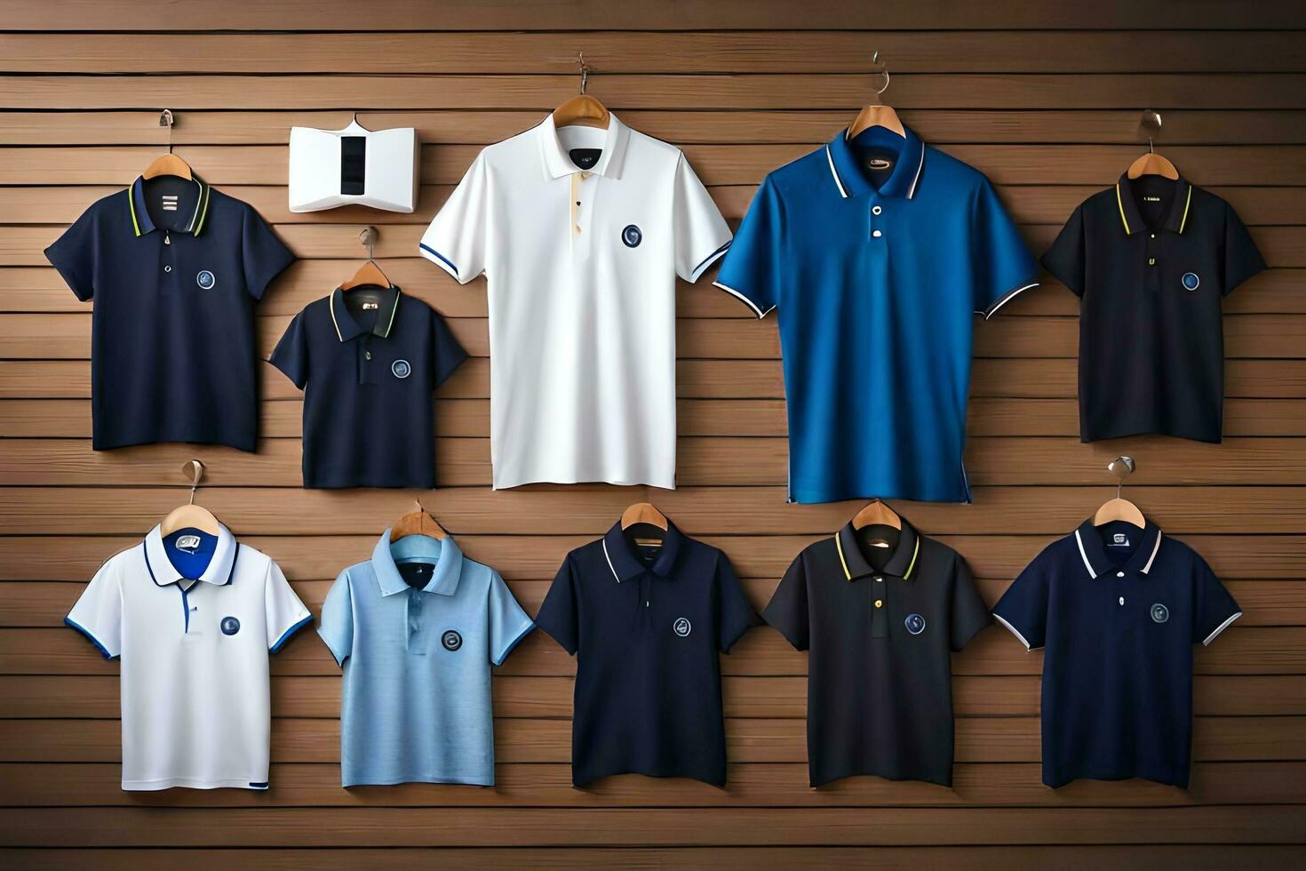 a collection of polo shirts hanging on a wall. AI-Generated photo