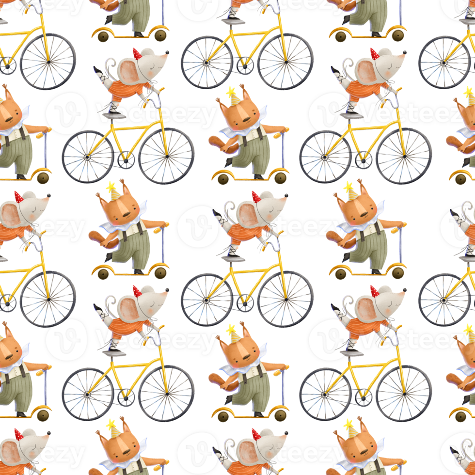 A mouse on a bicycle shows tricks. A squirrel rides a yellow scooter. Show, circus performance.Seamless pattern with circus. Hand-drawn ornament png