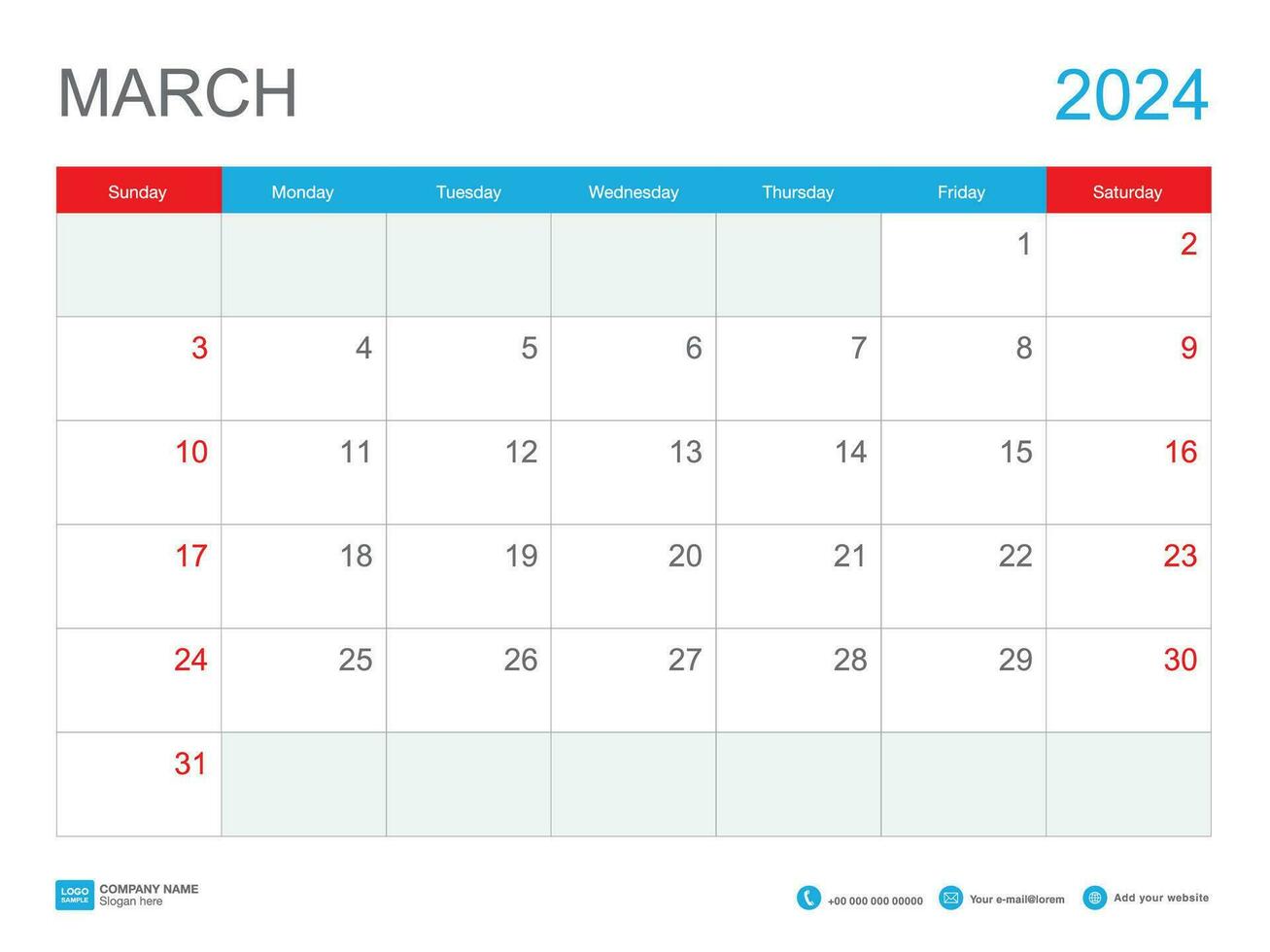 March 2024 template-Calendar 2024 design , Desk Calendar 2024 template, Planner simple, Week starts Sunday, Stationery, Wall calendar, printing, advertisement, vector illustration