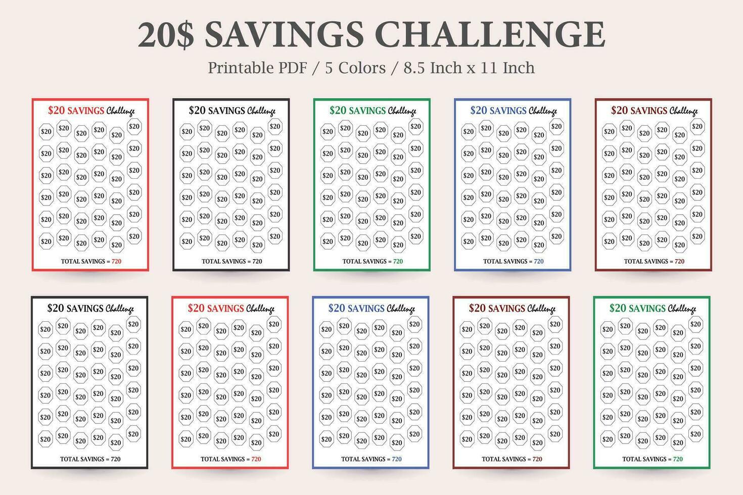 20 Dollar Saving Challenge,Money Saving Tracker,Financial Challenge,Savings Goal Chart,Saving Money Chart,20 Dollar Savings Jar vector