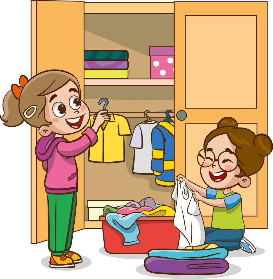 vector illustration Of cute kids putting their clothes in the wardrobe.Happy little children doing housework cleaning.