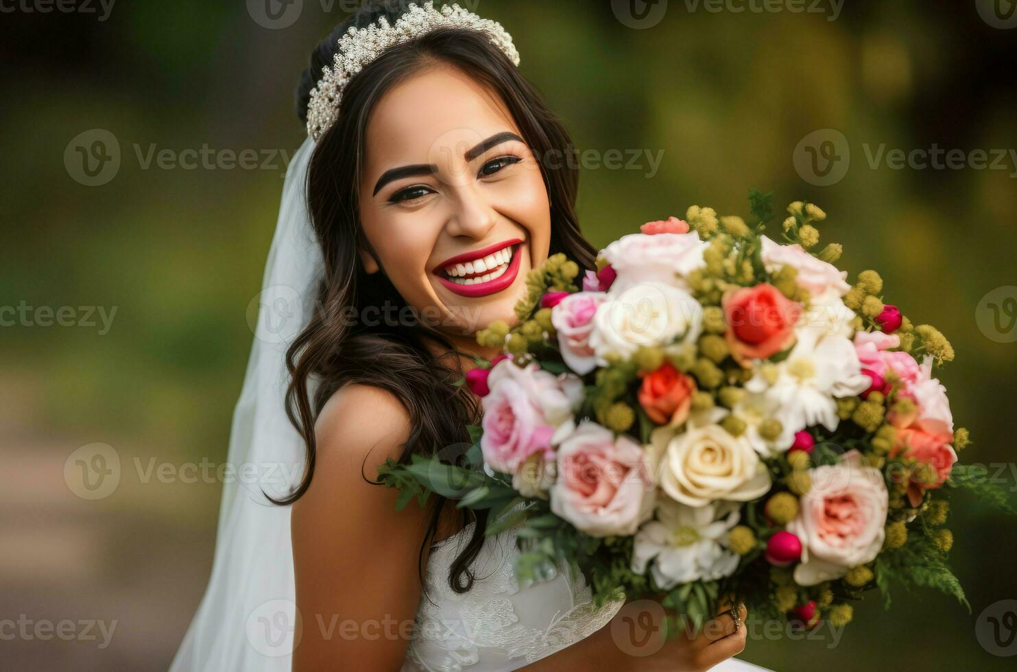 Hispanic bride with flowers. Generate Ai photo