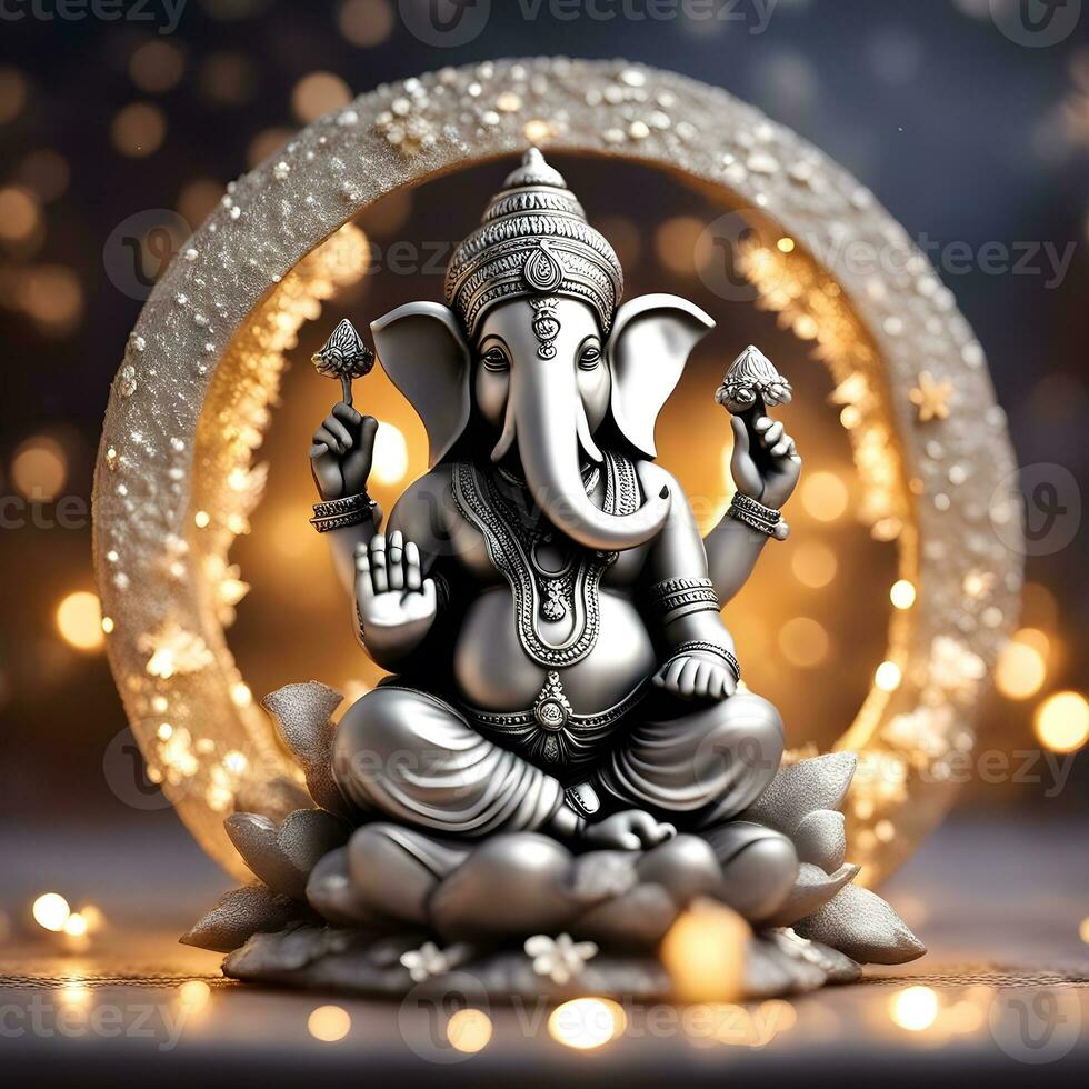 golden-matel-murti-ganesh-inidan-god-night-bhind-and-almp-and-flower-inside-moon-night-shape   AI illustration of Ganesha Hindu God, with flowers, oil painting taken up into heaven, sitting in front photo