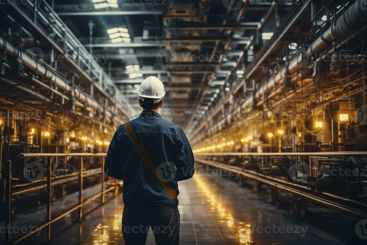 Industrial Workers in Hardhats Navigate Factory Labyrinth.Created with Generative AI technology. photo
