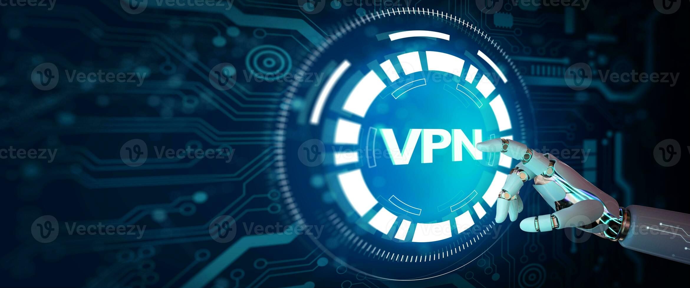 Ai Robot hand pointing to VPN network security internet privacy encryption with Artificial Intelligence Technology. photo