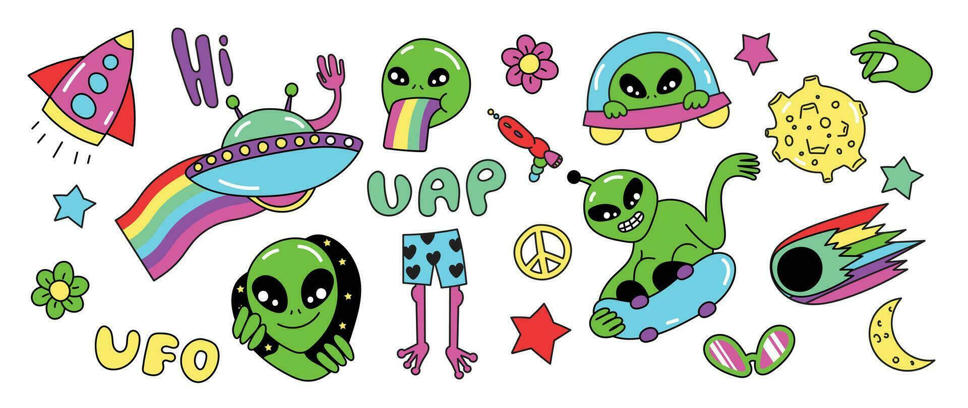 Set of 70s groovy element vector. Collection of cartoon character, doodle smile face, UFO, UAP, alien, gun laser, spaceship, moon. Cute retro groovy hippie design for decorative, sticker, kids. vector